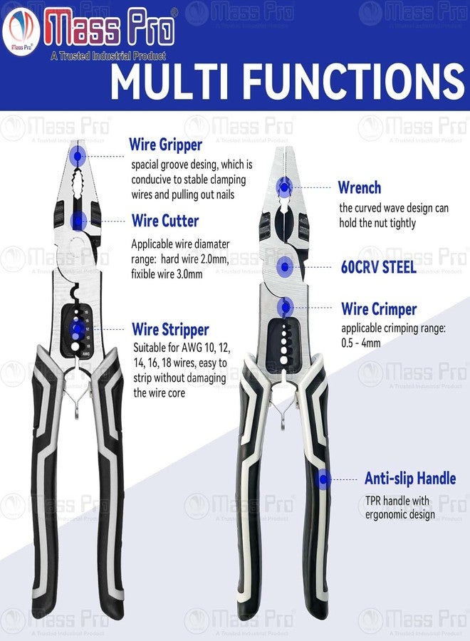 Mass Pro Multipurpose Lineman Plier with Gripping Cutter Wrench Crimping & Wire Stripper Fuction | Multi Wire Cutter (Length - 8 inch) - Image 2